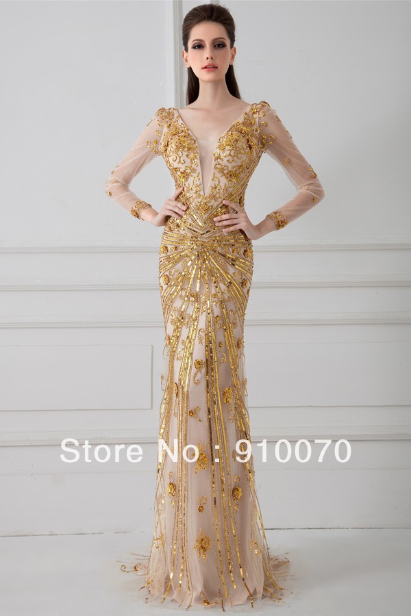 Long Sleeve Gold Sequin Gown - Spring Style
