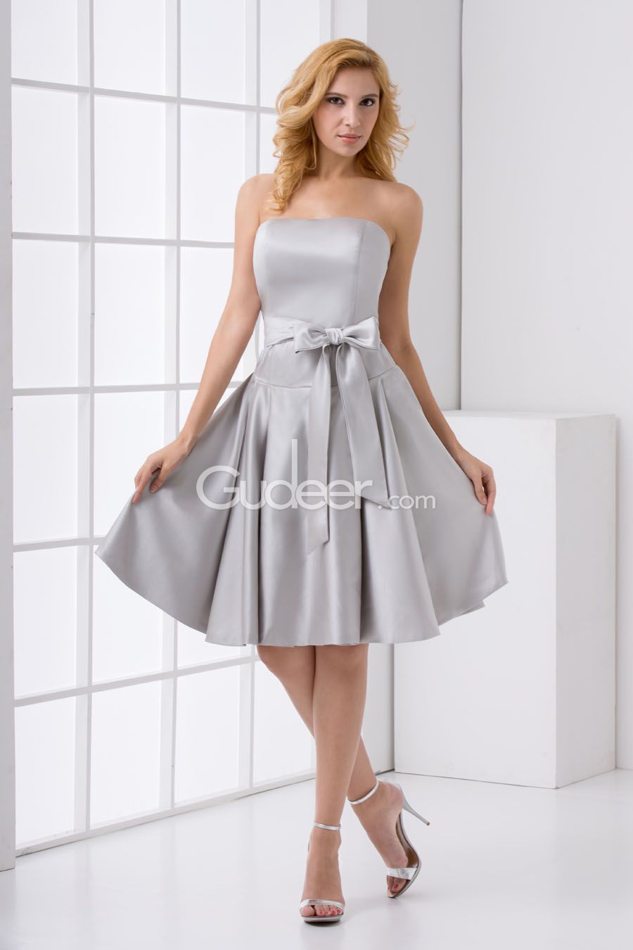 Strapless Floor Length Silver Satin Gown & Spring Style