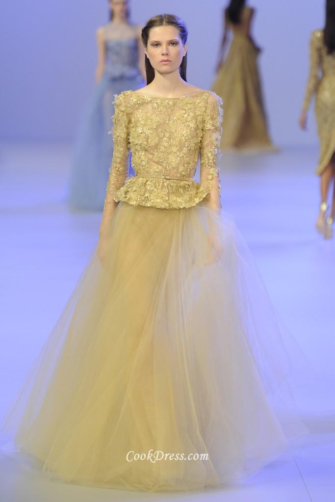 Yellow Long Gown With Sleeves And Fashion Show Collection